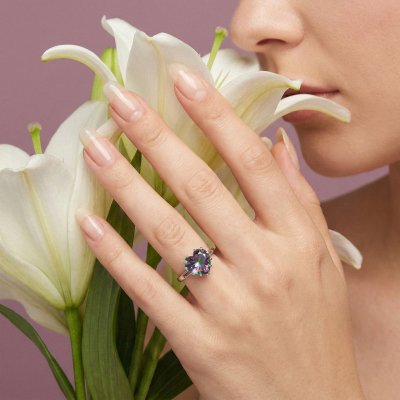 Mystic Quartz Heart Brass Ring Over Rhodium Plated