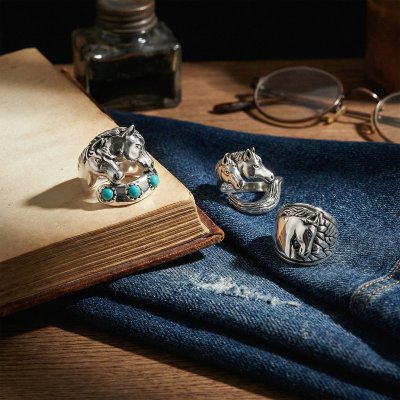 Horse Turquoise Brass Ring Over Rhodium Plated