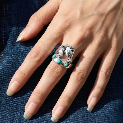 Horse Turquoise Brass Ring Over Rhodium Plated