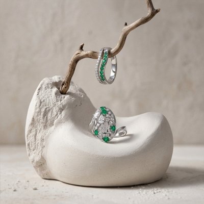 Emerald & White Zircon Sterling Silver Ring