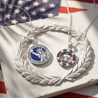 Red & Blue with White Lab Created Sapphire Sterling Silver America’s Liberty Bell Pendant With Chain 18+2 Inches