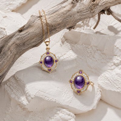 Charoite & Amethyst And White Zircon 18K Yellow Gold Over Sterling Silver Pendant 18+2 Inches