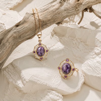 Oval Charoite Amethyst 18K Gold Plated 925 Silver Vintage Pendant Necklace