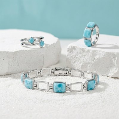 Cushion Larimar Three Stone 925 Sterling Silver Bezel Ring