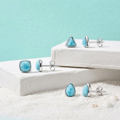 Pear Cabochon Larimar 925 Sterling Silver Stud Earrings