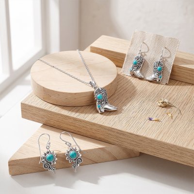 Western Turquoise Cowboy Boot Sterling Silver Pendant Necklace