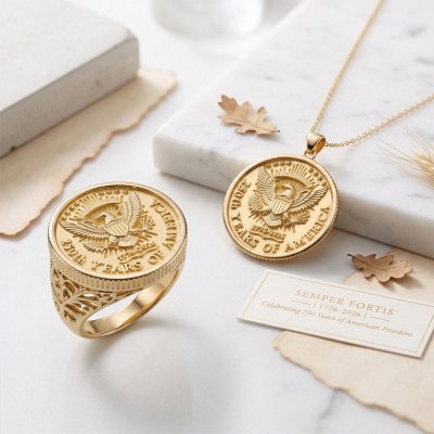 18K Yellow Gold Plated Sterling Silver Eagle Coin Men's Ring
