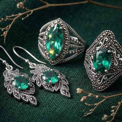 Triplet Green Emerald Quartz & Marcasite Sterling Silver Ring