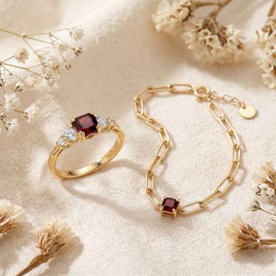 Garnet 18K Yellow Gold Sterling Silver Ring
