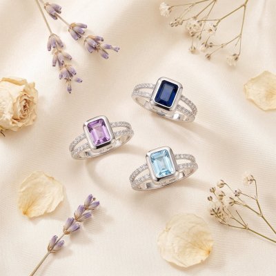 Blue Sapphire & White Zircon Sterling Silver Ring