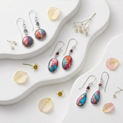 Blended Turquoise and Orange Spiny Oyster & Garnet Sterling Silver Earrings