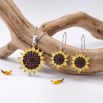Golden & Brown CZ Sterling Silver Sunflower Earrings