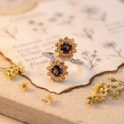 Smoky Quartz & Citrine Sterling Silver bypass Ring