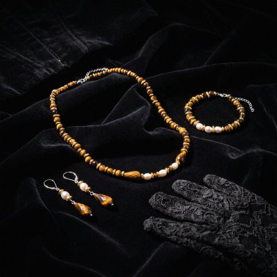Tigers Eye & Hematite With Freshwater Pearl Beaded Sterling Silver Bracelet