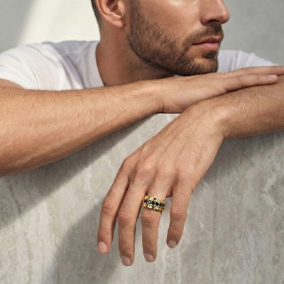 Sterling Silver Black Spinel Men's Ring Over 18K Yellow Gold