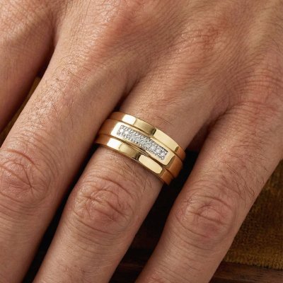 Sterling Silver Diamond Men's Ring Over 18K Yellow Gold