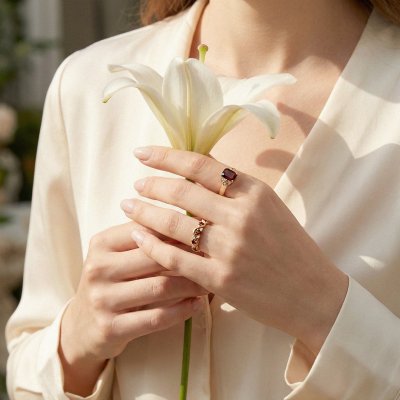 Sterling Silver Garnet Band Ring Over 18K Yellow Gold Plated