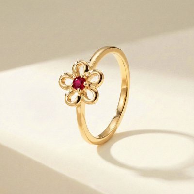 Sterling Silver Ruby Flower Ring Over 18K Yellow Gold Plated