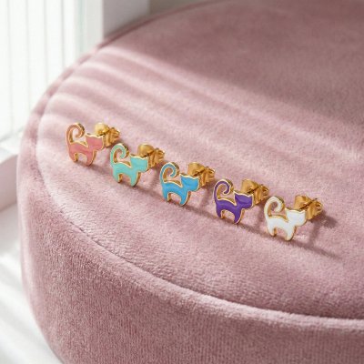 Sterling Silver Ocean Blue Enamel Cat Earrings Over 18K Yellow Gold Plated