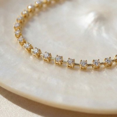 Sterling Silver Diamond Bracelet Over 18K Yellow Gold Plated 7.25 Inches