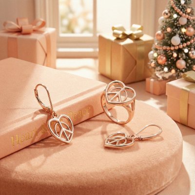 Sterling Silver Heart Peace Ring Over Rose Gold Plated