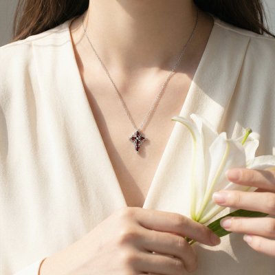 Sterling Silver Garnet Cross Pendant With Chain 18 Inches