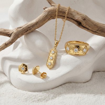 Sterling Silver White Cubic Zirconia Celestial Pendant Over 18K Yellow Gold Plated with Chian 18 Inches