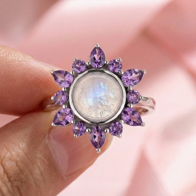 Sterling Silver Rainbow Moonstone and Amethyst Ring