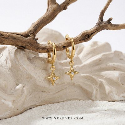 Sterling Silver White Cubic Zirconia Star Dangle Earrings Over 18K Yellow Gold Plated