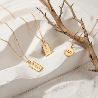 Sterling Silver Lucky Number Engraved Tag Pendant Over 18K Yellow Gold Plated With Chain 18 Inches