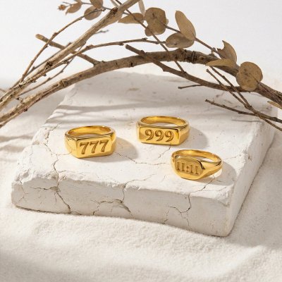 Sterling Silver Lucky Number Signet Ring Over 18K Yellow Gold Plated