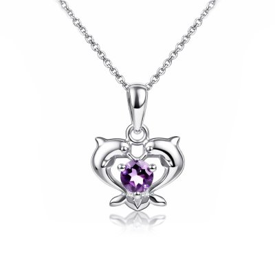 Sterling Silver Amethyst Twin Dolphin Pendant With Chain 18 Inches