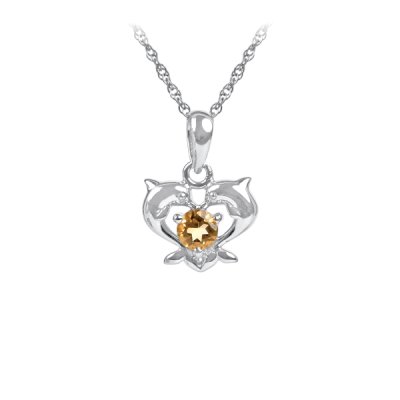 Sterling Silver Citrine Twin Dolphin Pendant With Chain 18 Inches