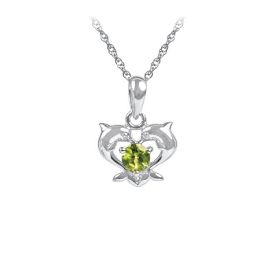 Sterling Silver Peridot Twin Dolphin Pendant With Chain 18 Inches