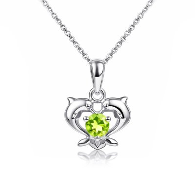 Sterling Silver Peridot Twin Dolphin Pendant With Chain 18 Inches
