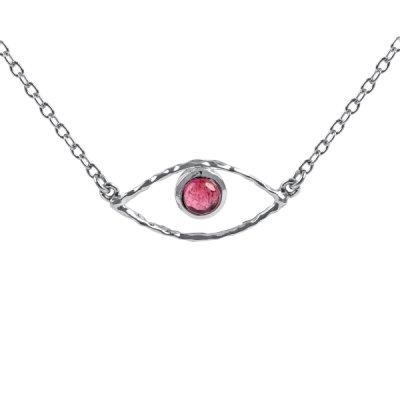 Sterling Silver Pink Tourmaline Evil Eye Necklace 18 Inches