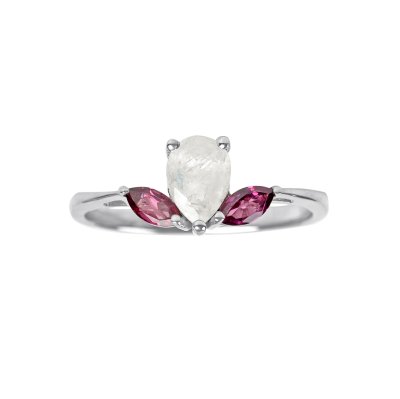 Sterling Silver Rainbow Moonstone with Rhodolite Ring