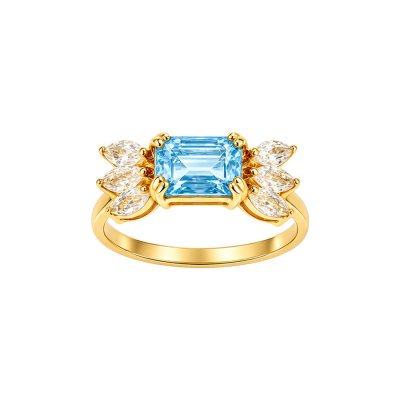 Sterling Silver Sky Blue Topaz & White Topaz Ring Over 18K Yellow Gold Plated