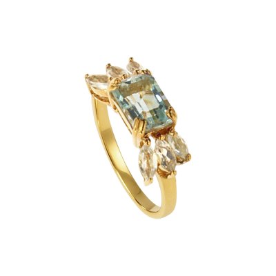 Sterling Silver Sky Blue Topaz & White Topaz Ring Over 18K Yellow Gold Plated