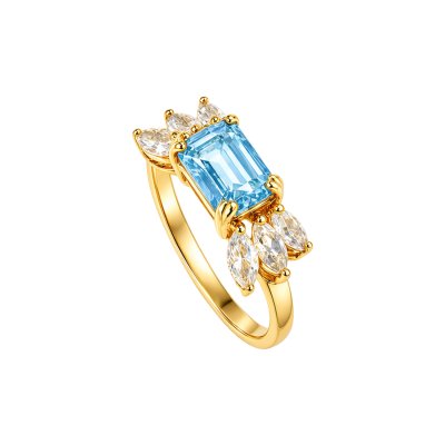 Sterling Silver Sky Blue Topaz & White Topaz Ring Over 18K Yellow Gold Plated
