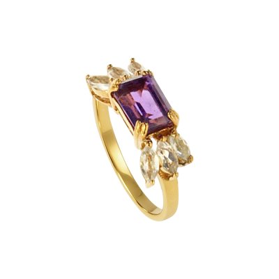 Sterling Silver Amethyst & White Topaz Ring Over 18K Yellow Gold Plated