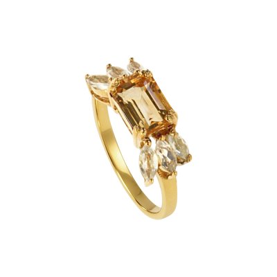 Sterling Silver Citrine & White Topaz Ring Over 18K Yellow Gold Plated