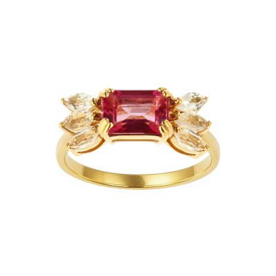 Sterling Silver Pink Topaz & White Topaz Ring Over 18K Yellow Gold Plated