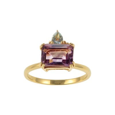 Sterling Silver Amethyst & Sky Blue Topaz Ring Over 18K Yellow Gold Plated