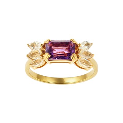 Sterling Silver Amethyst & White Topaz Ring Over 18K Yellow Gold Plated