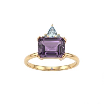 Sterling Silver Amethyst & Sky Blue Topaz Ring Over 18K Yellow Gold Plated