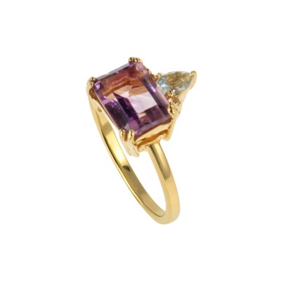 Sterling Silver Amethyst & Sky Blue Topaz Ring Over 18K Yellow Gold Plated