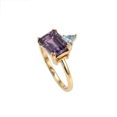 Sterling Silver Amethyst & Sky Blue Topaz Ring Over 18K Yellow Gold Plated