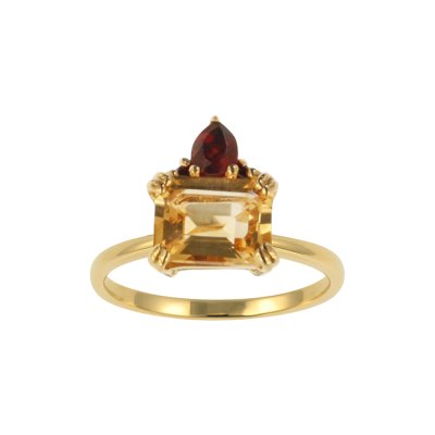 Sterling Silver Citrine & Garnet Ring Over 18K Yellow Gold Plated