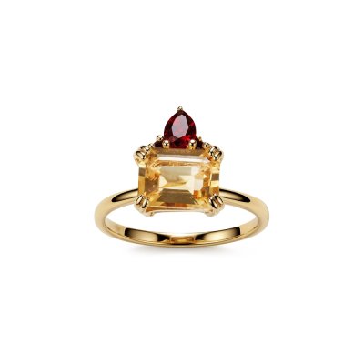 Sterling Silver Citrine & Garnet Ring Over 18K Yellow Gold Plated